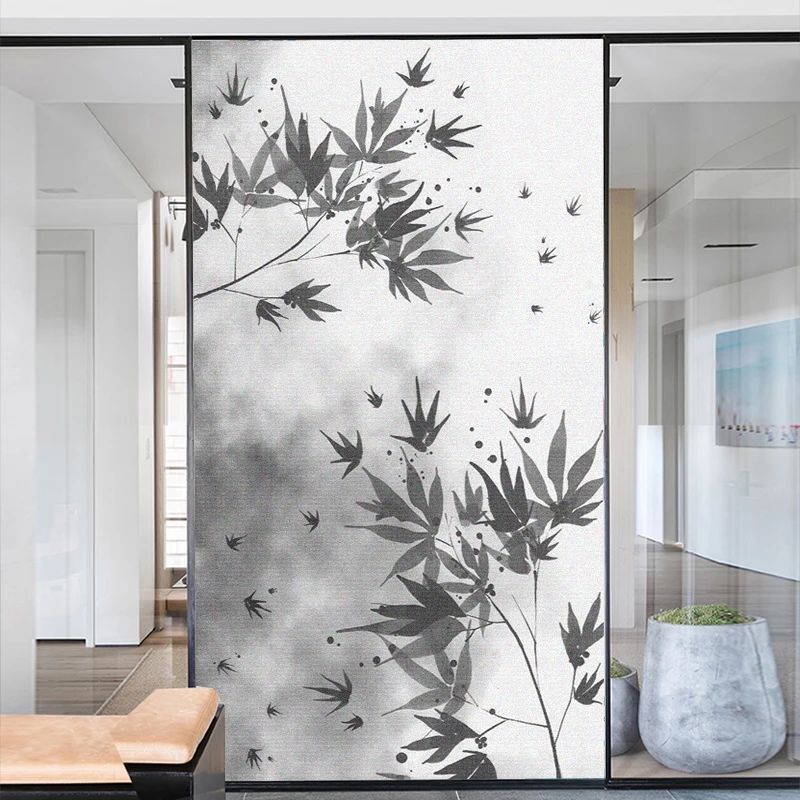 Window Film Privacy Frosted Glass Sticker Heat Insulation and Sunscreen Ink Painting-Leaves Decoration Adhesive sticker for Home