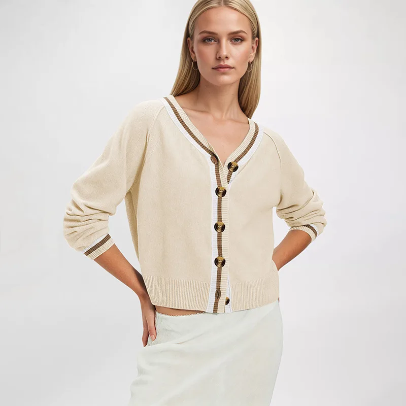 Women V Neck Striped Knit Cardigan Long Sleeve Button Crop Knit Jacket Vintage Casual Office Autumn Daily Loose Short Outerwear