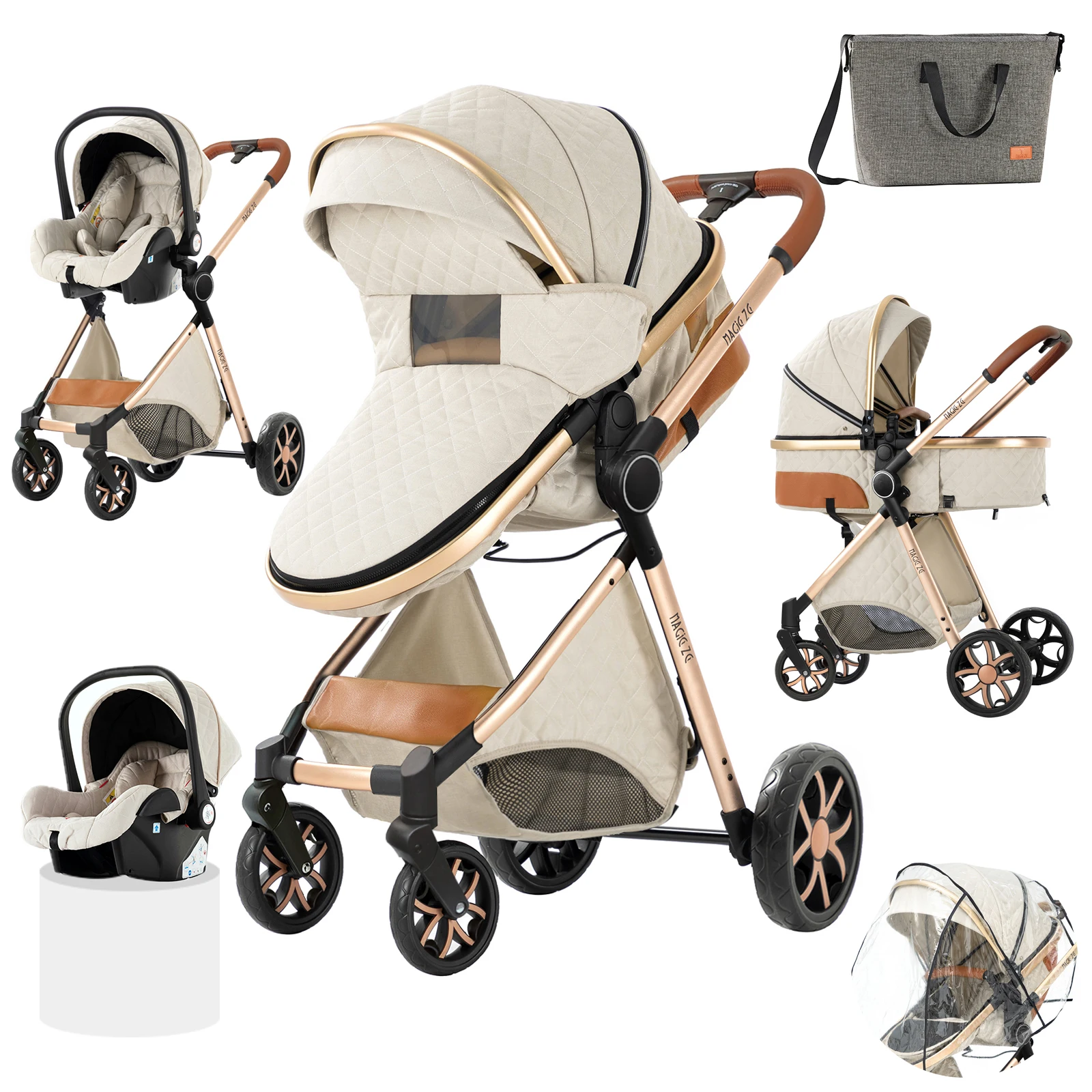 3-in-1 Baby-Kinderwagen-Reisesystem, Kinderwagen mit Autositz, leichter Rahmen, kompakt zusammenklappbar, hohe Sitzposition, stoßdämpfende Räder, umkehrbarer Sitz, mehrfach verstellbare Rückenlehne,