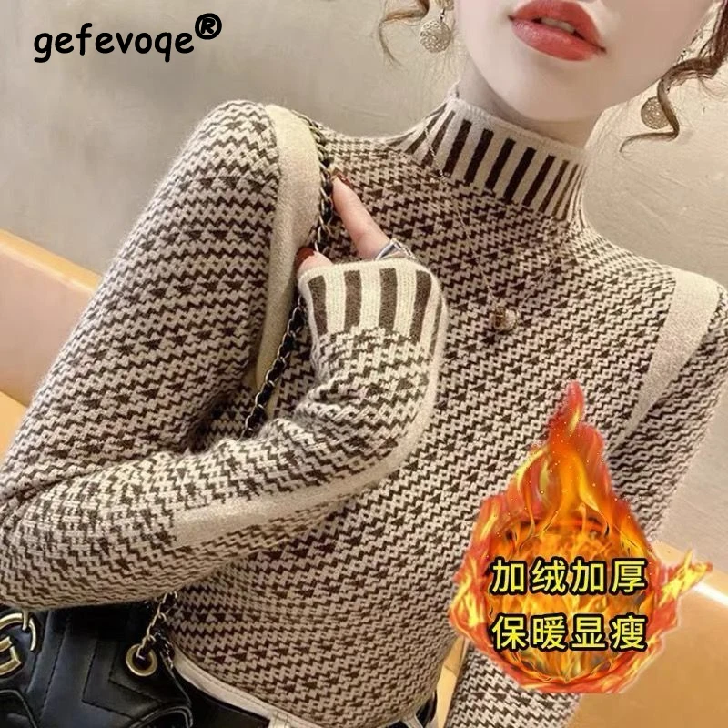 2023 Autumn Winter Women Stylish Luxury Elegant Thick Warm Soft Knitted Sweater Office Lady Long Sleeve Slim Basic Pullover Tops