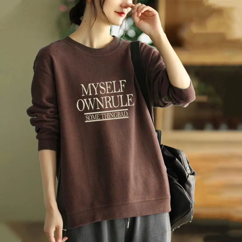 

Hoodies Spring Autumn Pullover Lantern Long Sleeve Letter Printing Round Neck Women's Clothing Casual Office Lady Korean Tops
