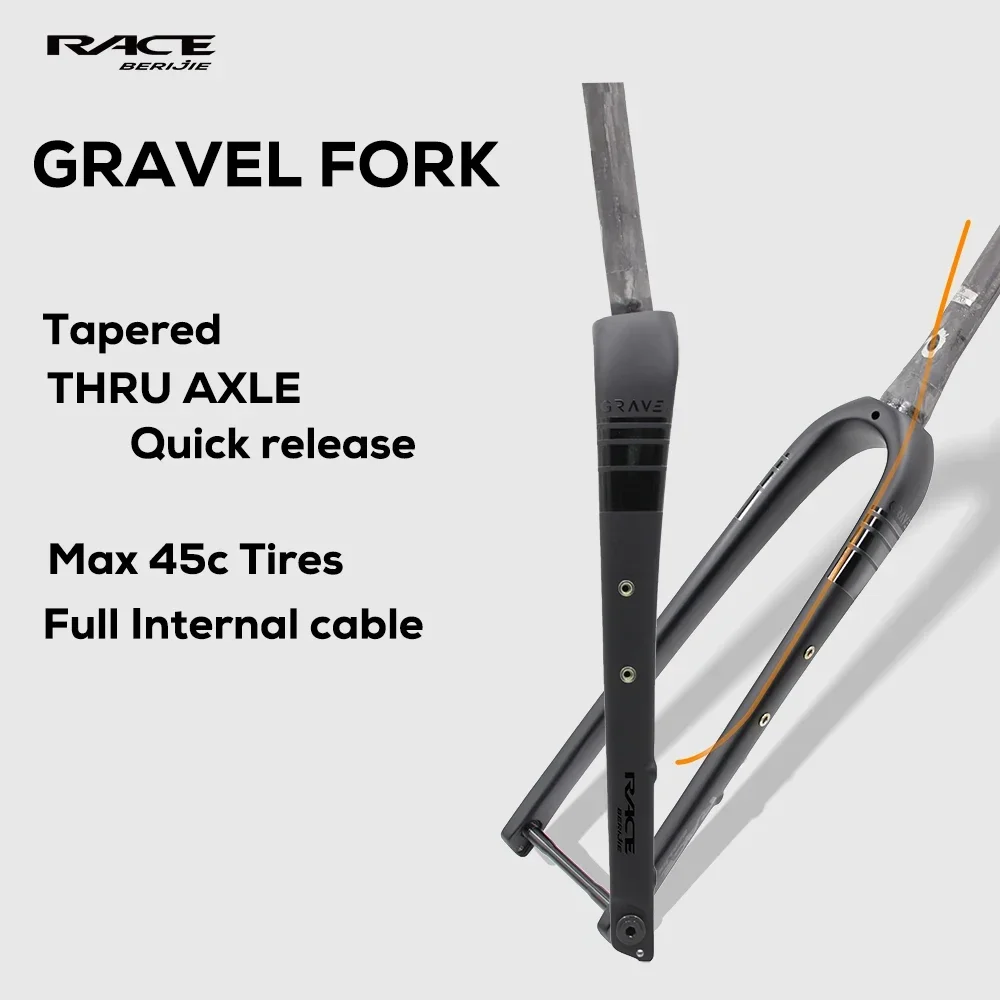 RACE Full Carbon Fiber Full Internal Cable Gravel Front Fork,Tapered Tube,Max Tire 700x45C,QR 9x100mm,Thru Axle 12x100mm,T1000