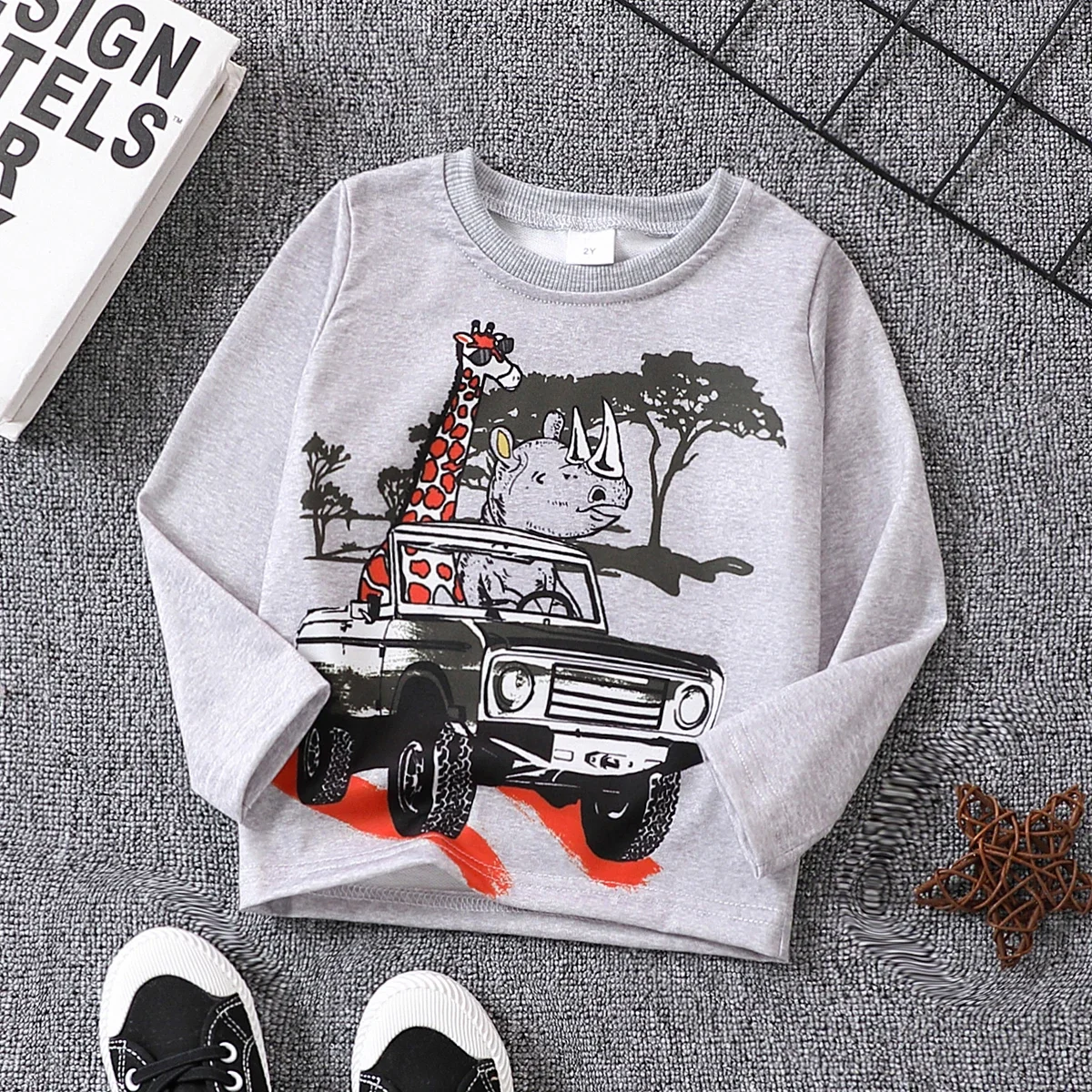 PatPat Toddler Boy Animal Print  Long Sleeves Pullover Soft and Comfortable  Perfect for Outings and Daily Wear Basic Style