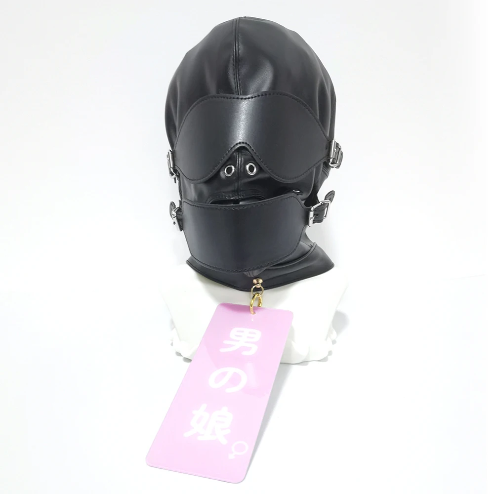 BDSM Bondage PU Leather Lockable Hood Mask Mouth Gag With Dog Tag Funnel Sensory Deprivation Head Hood Sex Toy