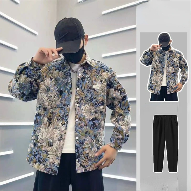 

Mens Two Piece Casual Outfits Streetwear Fashion Contrast Color Loose Sets Long Sleeve Lapel Coats and Pants Suits Men N75