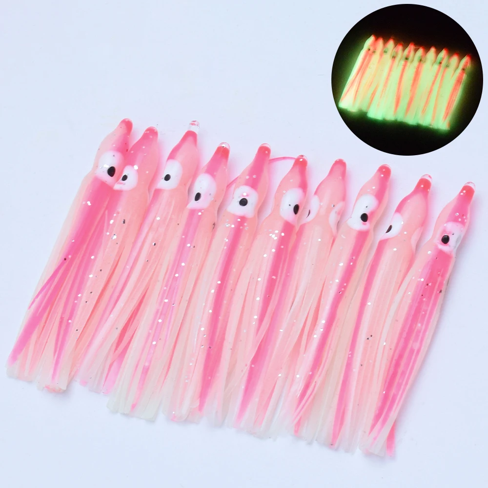 10 pcs Fishing Lures Squid Skirts Glow Lures Luminous Octopus Trolling Lures Soft Plastic Fishing Bait for Bass Salmon Trout