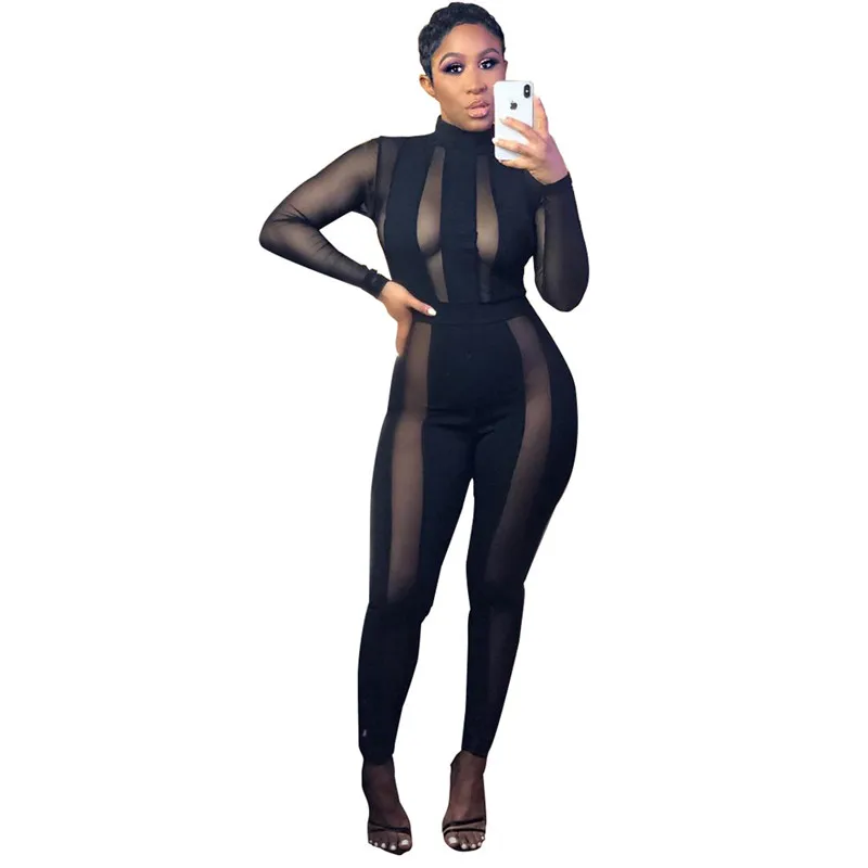 

Black Sheer Mesh Patchwork Sexy Jumpsuit Women See Through Long Pants Romper Overalls Night Club Party Bodycon Jumpsuit Catsuit