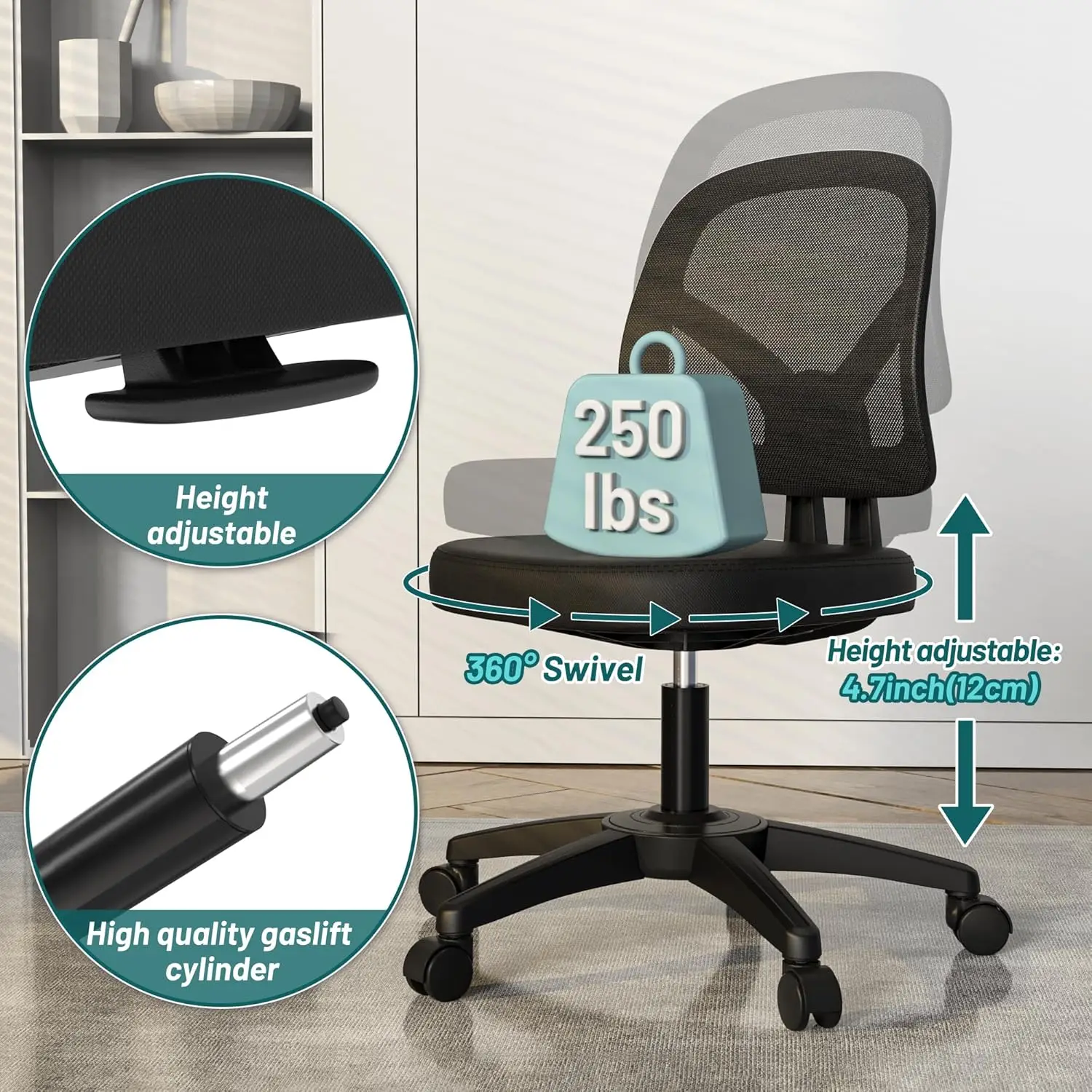 

Swivel Armless Mesh Computer Office Desk Chair Without Armrests Adjustable Height With Lumbar Support Wheels For Home