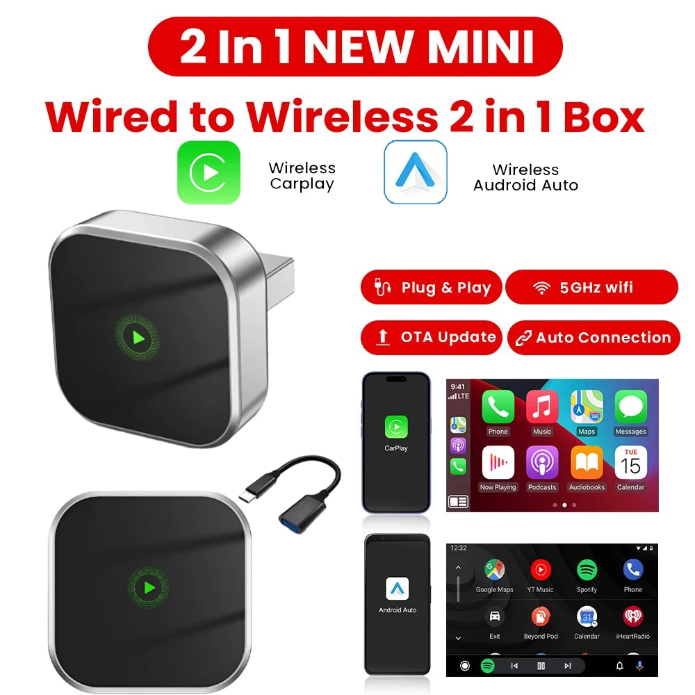 

Беспроводной Android-адаптер 2 в 1, Dongle Smart Mini Box Plug And Play, универсальный для VW Toyota Nissan Honda Ford Benz