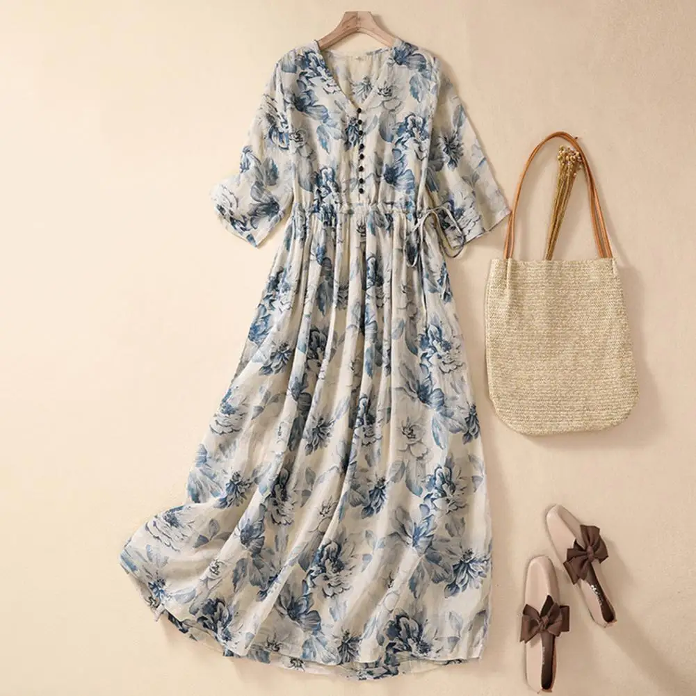 

Printed Dress Floral Print A-line Midi Dress with Elastic Waist Side Pockets for Women Retro Style Pleated Summer for Beach