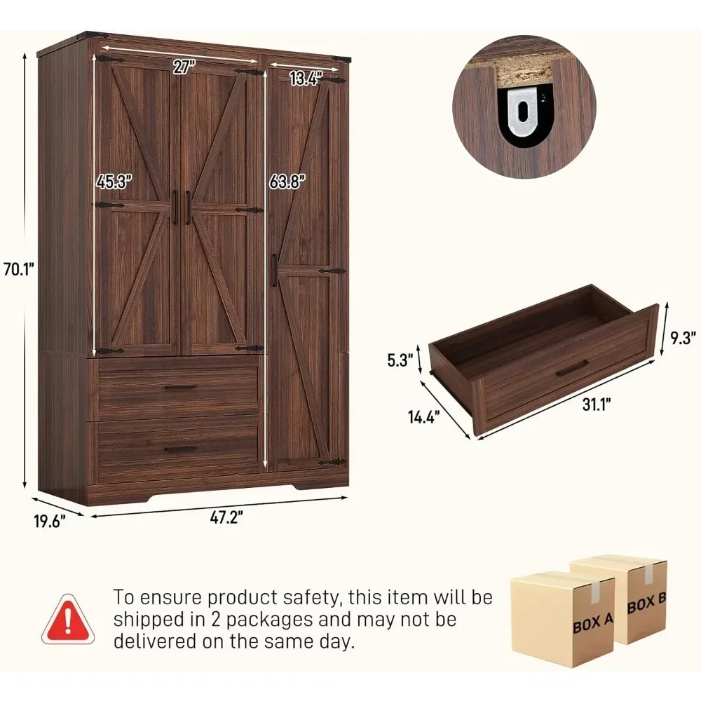 Fashion Minimalist 3 Doors Farmhouse Wooden Armoire Storage Cabinet Wardrobe with Doors and Drawers,