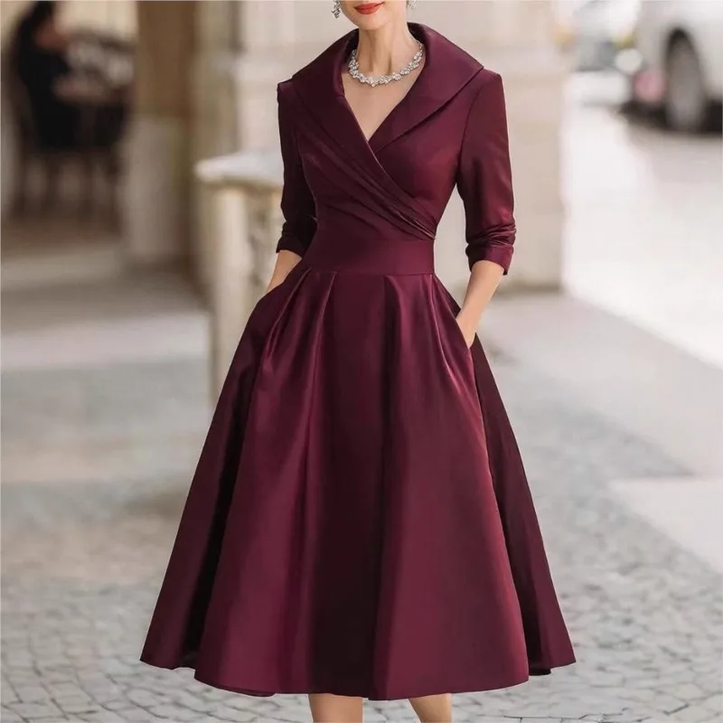 Robe d'invité de mariage élégante à la mode pour femmes, couleur unie, taille fine, revers, ligne a, robe de soirée, robes mi-longues pour Cocktail, 2025