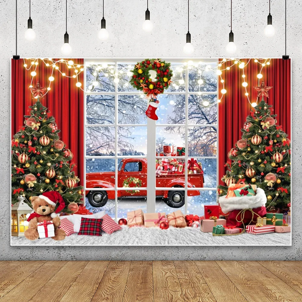 Winter Window Merry Christmas Backdrop Photography Santa Claus Xmas Tree Gifts Party Baby Portrait Photographic Background Props