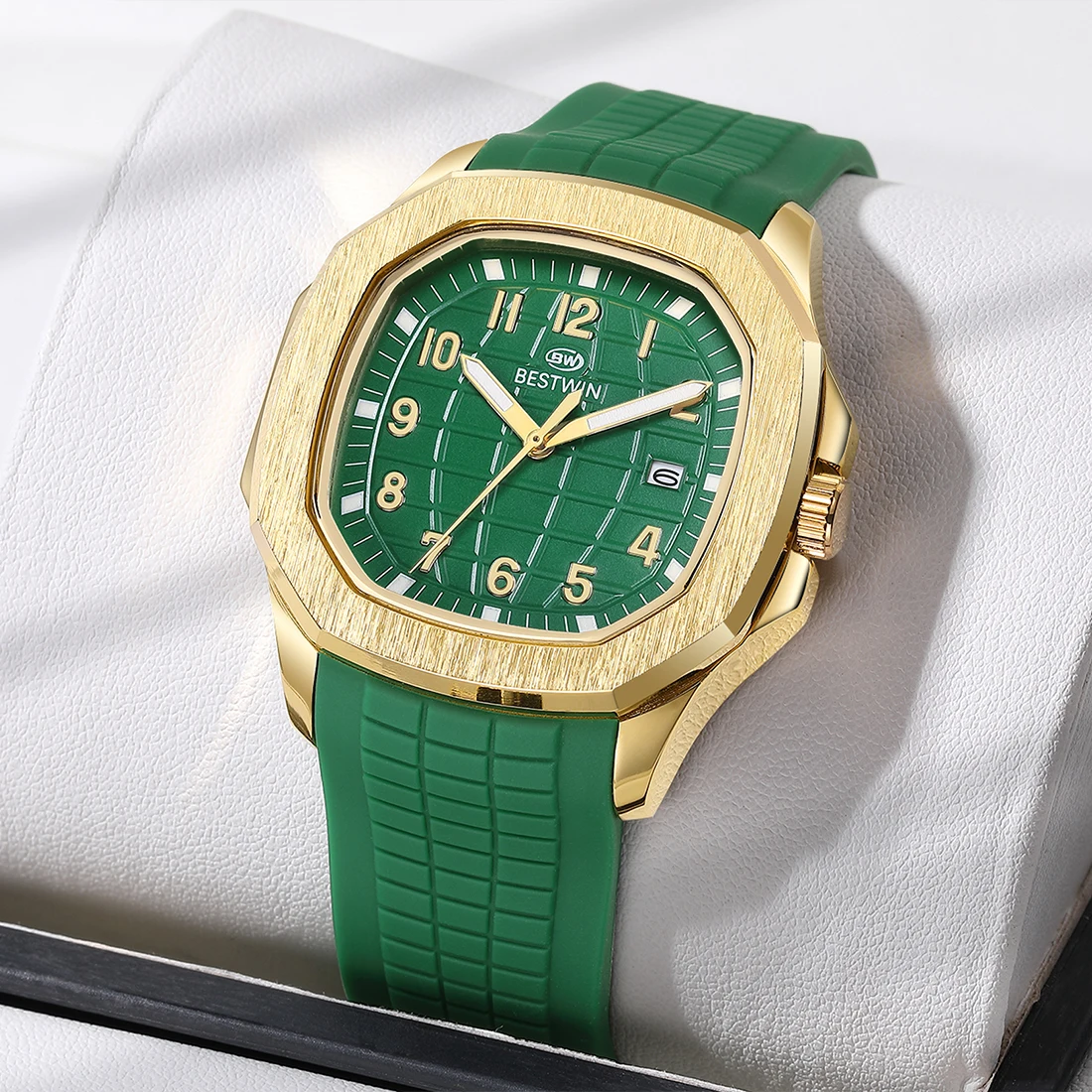 Luxury Men Watch Square Green Gold Dial Men\'s Quartz Sports Wristwatch Rubber Strap Watches Business Man Stainless Steel Clock