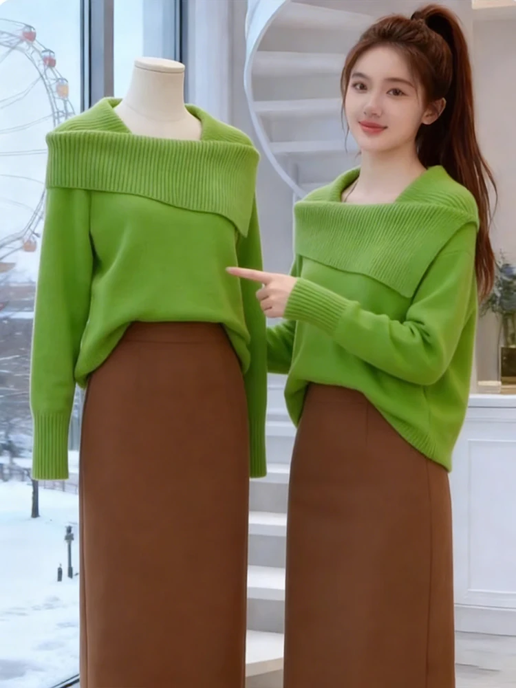 

Новый модный женский вязаный свитер свободного кроя с одним открытым плечом, длинными рукавами, повседневный, зимний, в зеленом цвете
