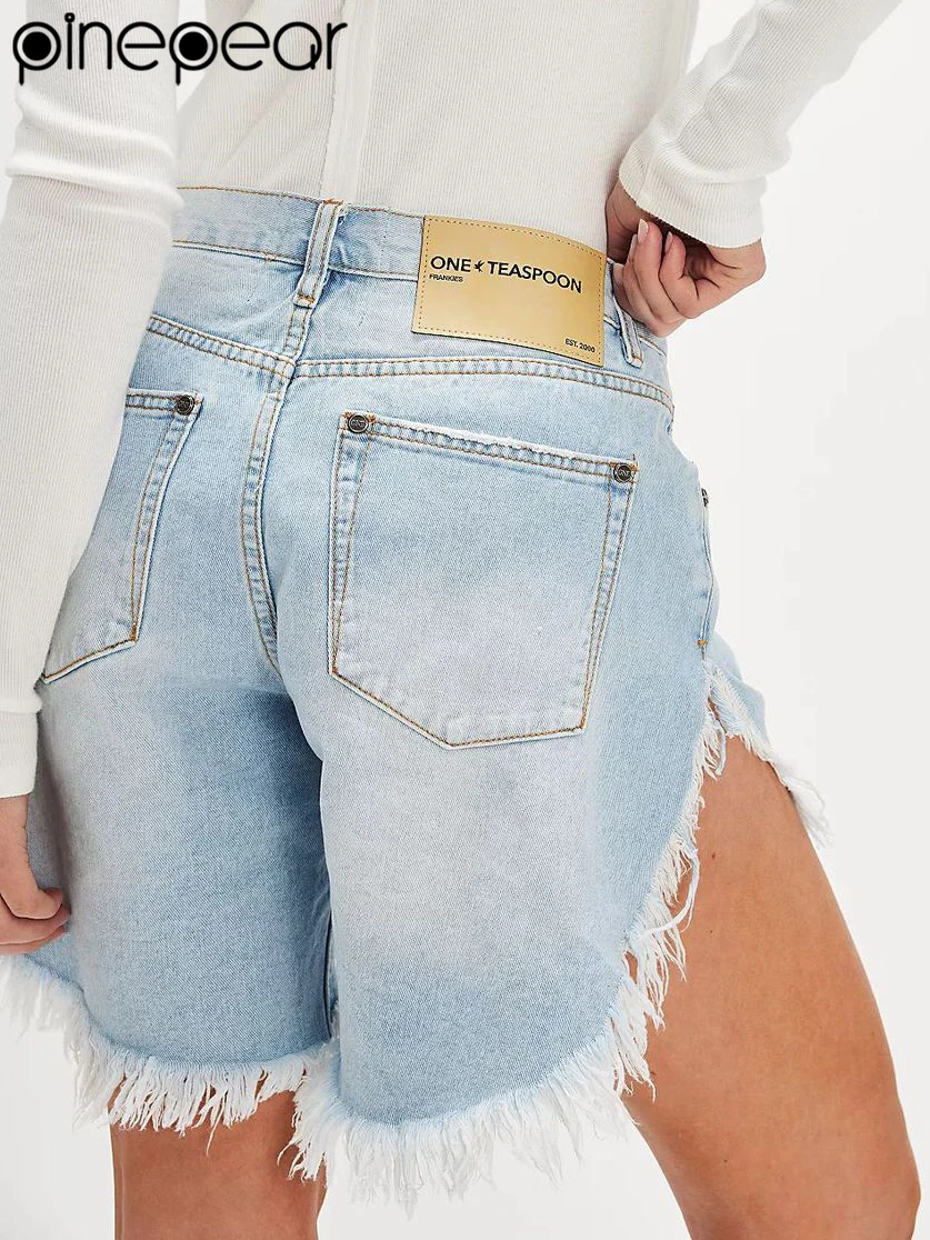 PinePear ジーンズショートパンツレディースハイウエストリップドデニムショートパンツ女性ダメージ加工ジーンズショートパンツ夏 2025