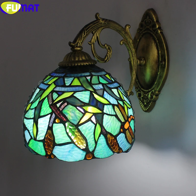 FUMAT Tiffany Style Wall Lamp Bedside Mirror Light Stained Glass Sunflower Wheat Baroque Shade Mermaid Frame Home Art Decor LED