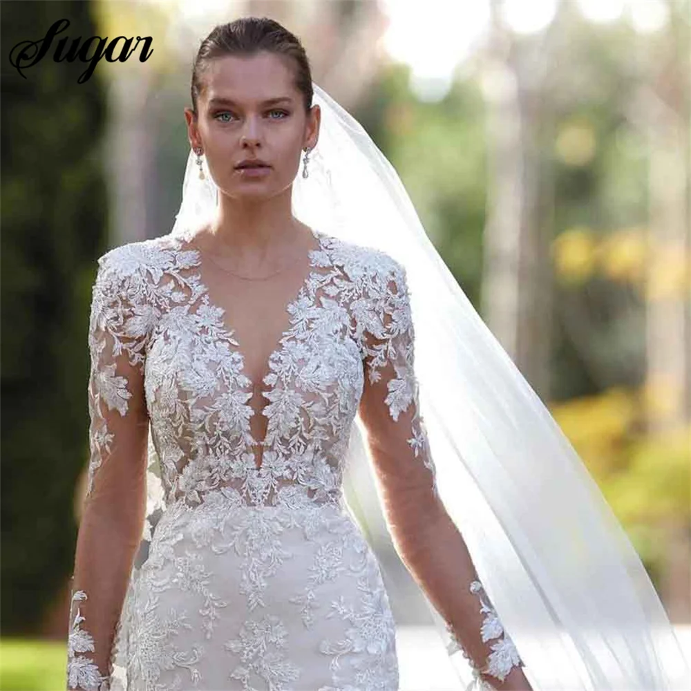 シースマーメイドセクシーなウェディングドレススクープネック長袖アイボリーウェディングドレス素朴なレースのブライダルドレス背中の開いたvestidos de novia