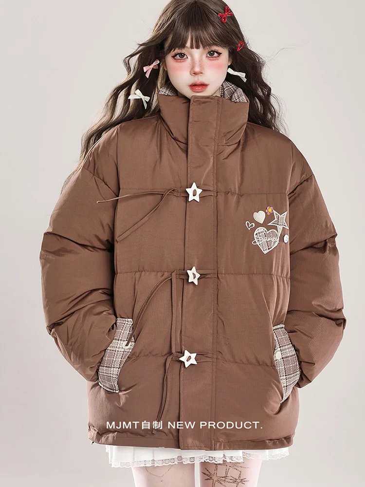 

Women Vintage Y2K Parkas Oversize Loose Embroidery Puffy Coats Harajuku Streetwear American Retro Plaid Patchwork Winter Jacket