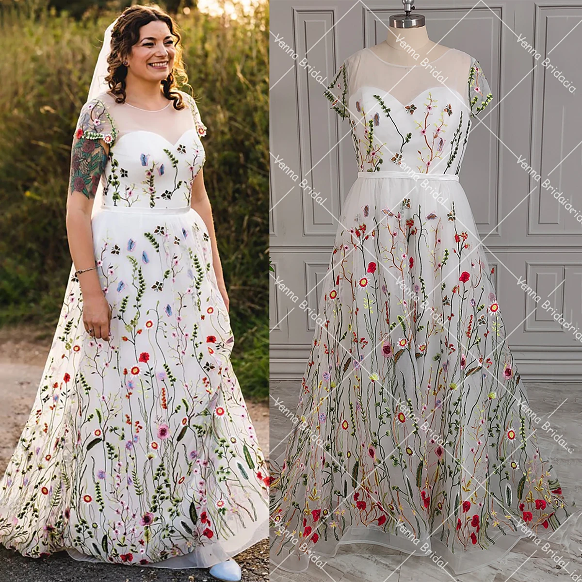 Sweetheart Embroidered Wildflower Colorful Wedding Dress Customized Short A Line Cap Sleeves Blossom Corset Dream Bridal Gowns