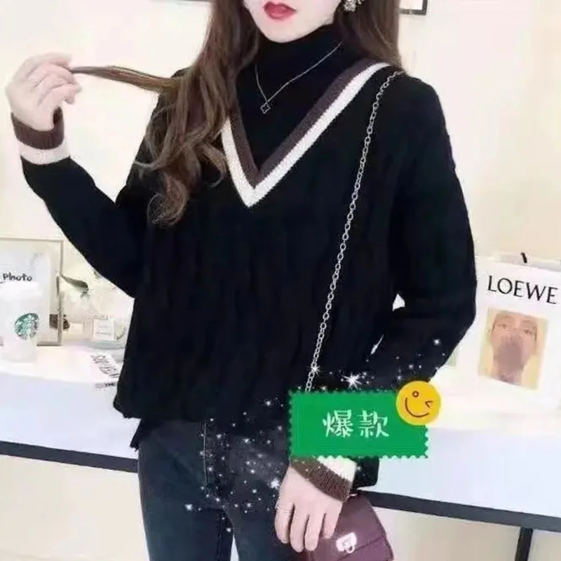 Women  Autumn And Winter New Plush Thickening Knitted Base Shirt Female Korean Loose Fitting Half high Collar Pullover Sweater