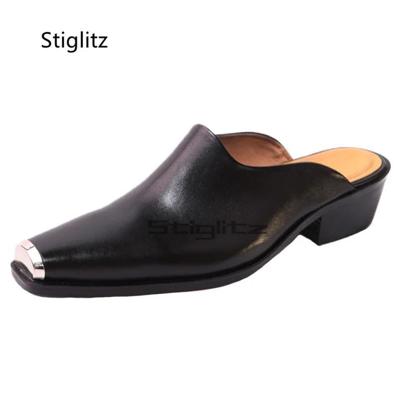 Metal Square Toe Muller Sandals for Men Black Half Shoes Rome Summer Genuine Leather Slip-On Sandals Handmade Half Slippers