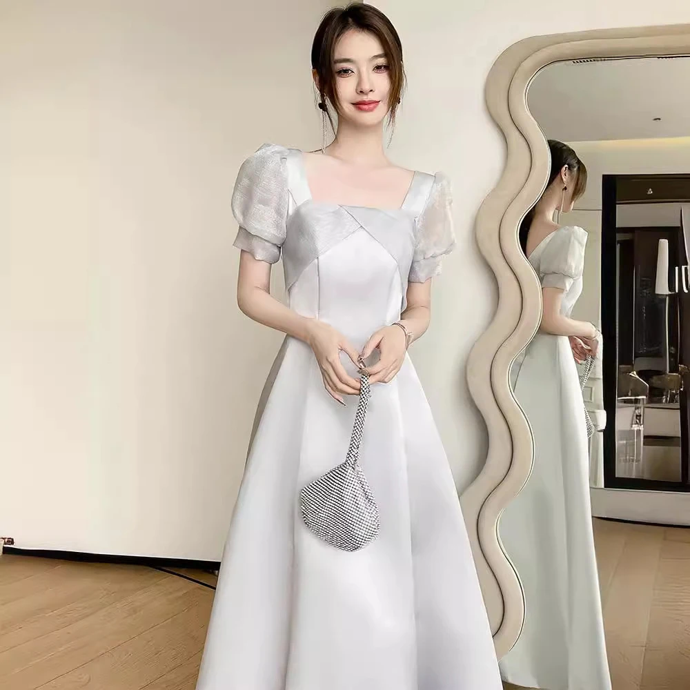 Vestidos de dama de honra cinza 2024 novo verão longo estilo princesa cetim irmãs grupo vestido de baile feminino elegante casamento convidado vestido