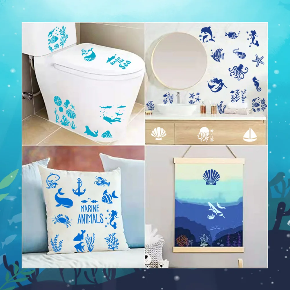 62PCS Marine Life Painting Template Creative Hollow Spray Formwork DIY Templates Tools For Pillowcase Bags Wall Closestool Decor