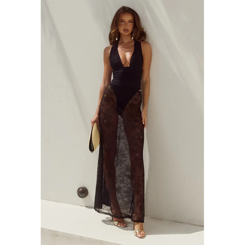 

One Piece Sets 2026 Women Lace See Through Sexy Skirt Set Summer Backless Sleeveless Tops + Split Long Skirt Beach Cover-ups