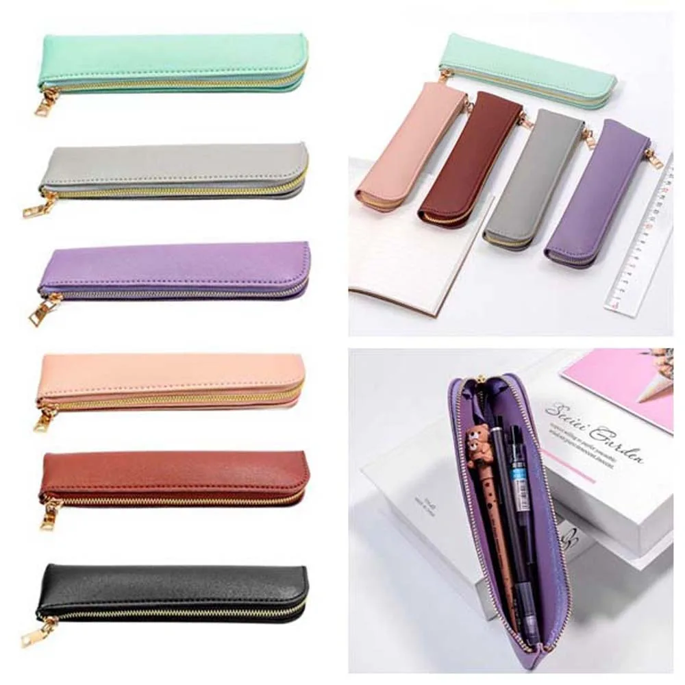 

Storage Pouch PU Leather Pencil Case Korean Style Makeup Brush Leather Stationery Bag Desk Accessories Desktop Storage