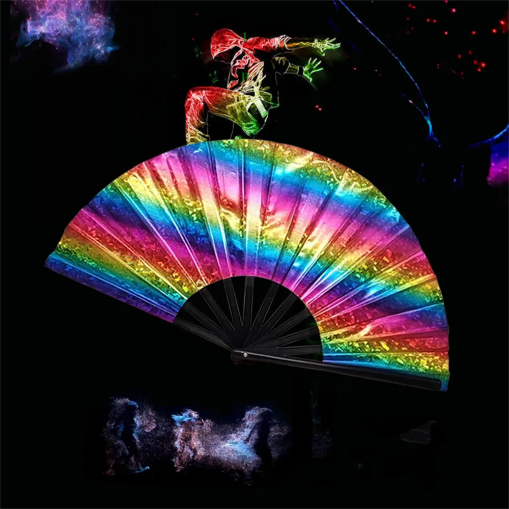 Laser Folding Fan Men Women Sprinkle Bar Bounce Fan Easy Open and Close Dance Party Fan Bar Disco Essential Atmosphere Props