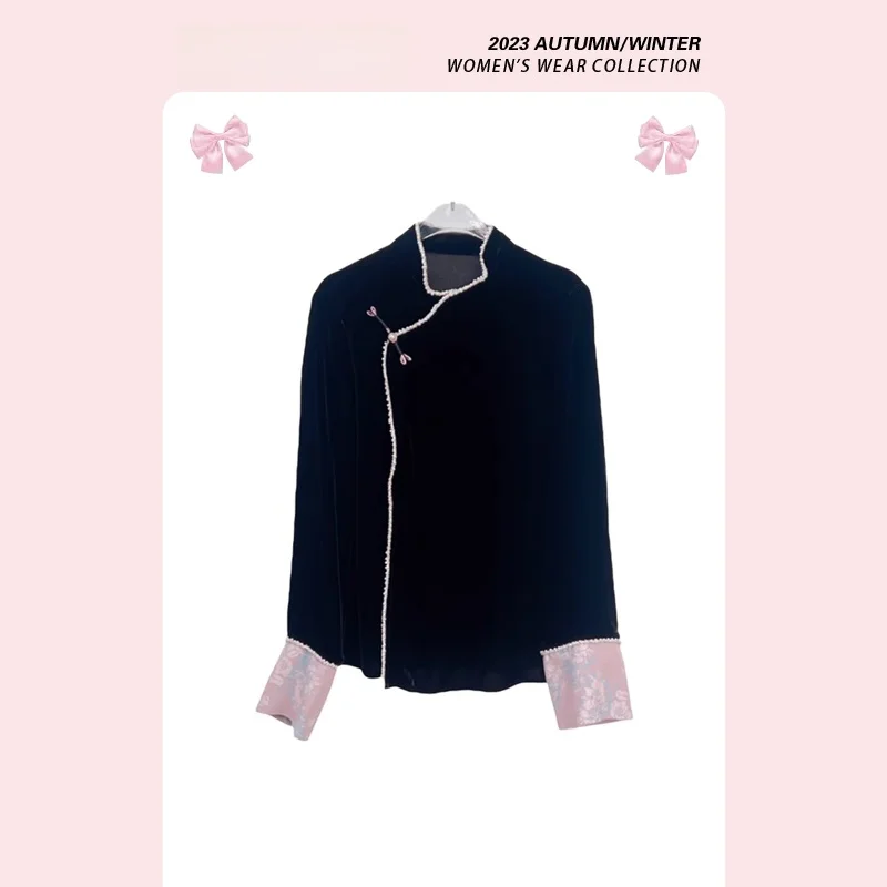 

Женская блузка Forever 2 Design Sensation, длинная, из вельвета, в новом китайском ретро-стиле, на пуговицах, премиум-качество, большие размеры