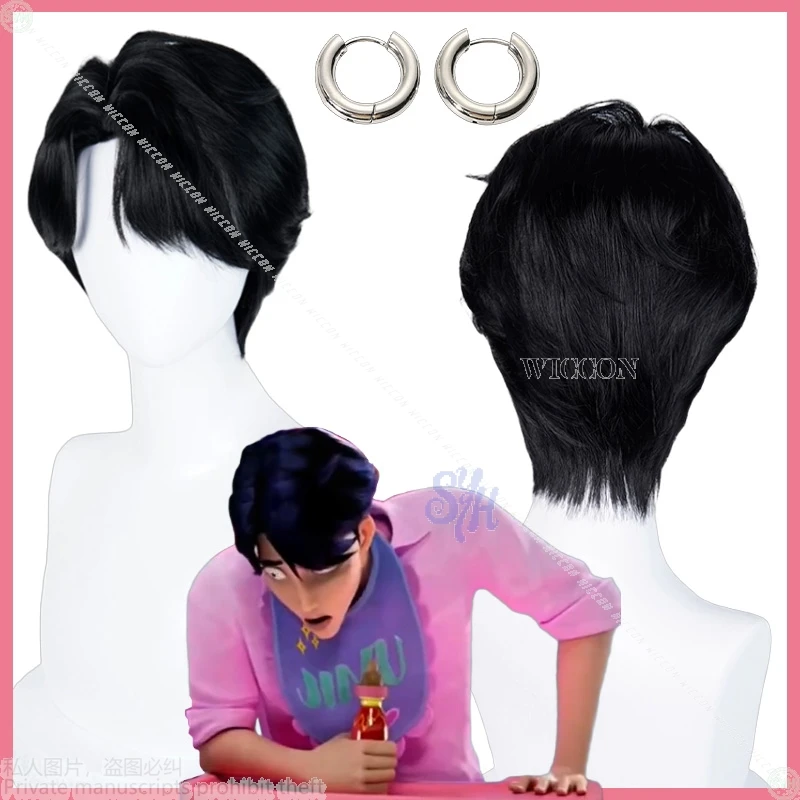 

Saja Boys Jinu Cosplay Kpop Demon Anime Hair Black Short Wigs Heat Resistant Synthetic Hair Wigs + Wig Cap Halloween Christmas