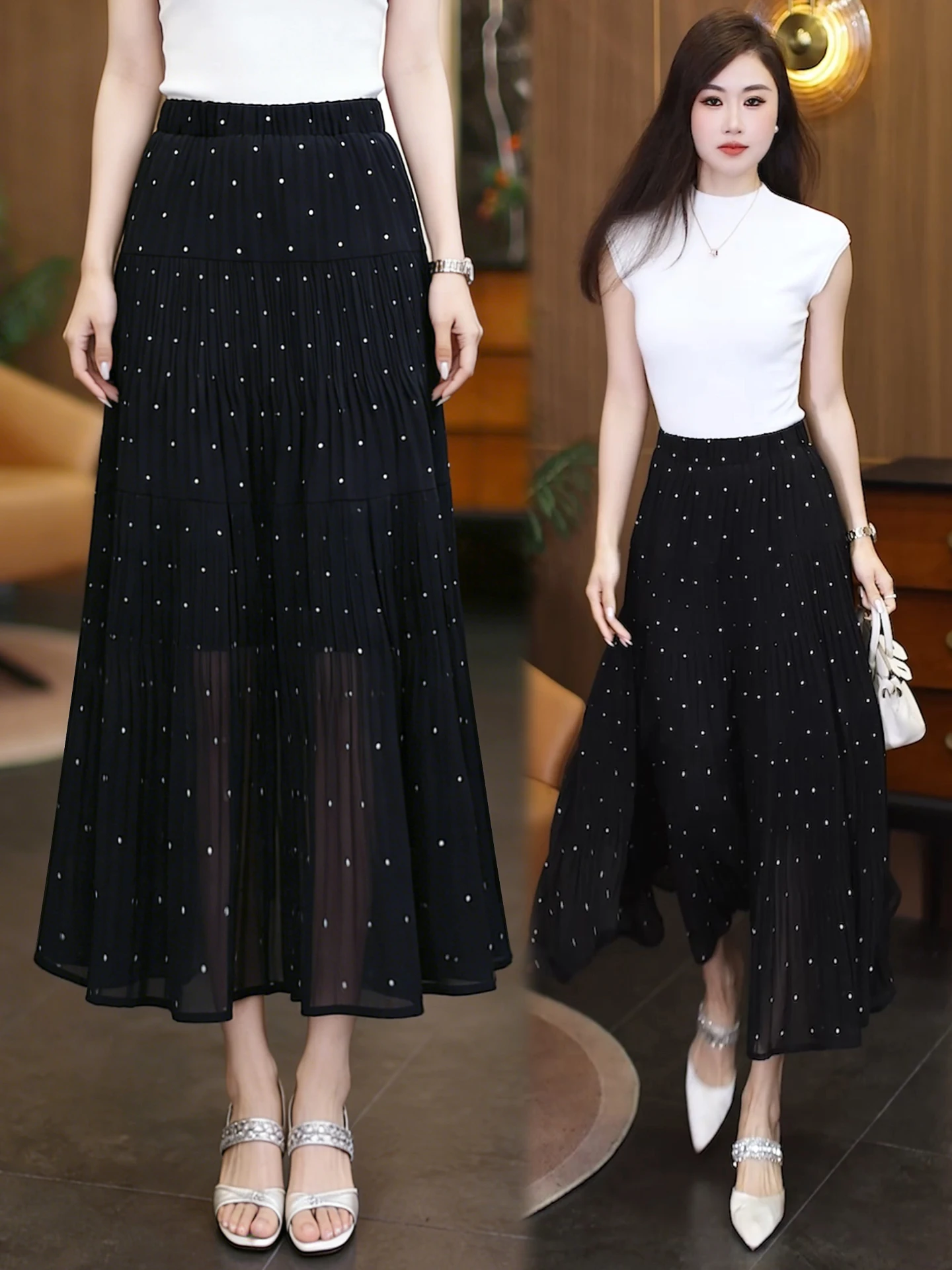 

Summer Thin High Waist A-Line Long Skirt Women's Half Skirt Dreamy Polka Dot Chiffon Umbrella Skirt Casual Skin-Friendly Brea...