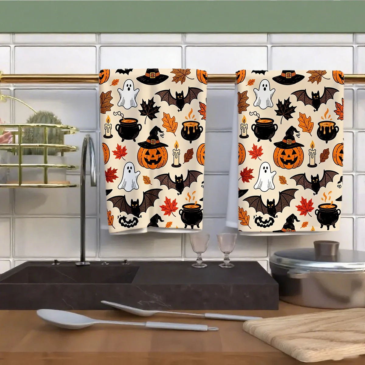 2pcs Halloween Kitchen Towel, Pumpkin Ghost Bat Printed Dish Towel for Halloween Home Decoration