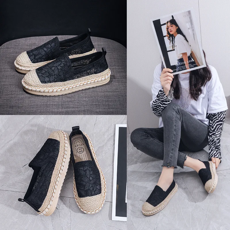 Casual Woman Shoe Espadrilles Platform Shallow Mouth Round Toe Loafers With Fur Slip-on Flax Slip On Linen Summer Microfiber Bon