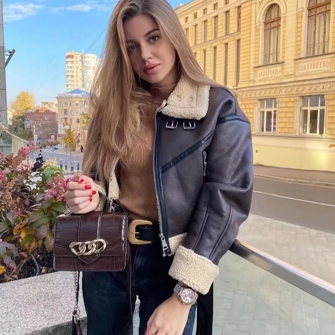 Patchwork Faux Leather Lamb Wool Spliced Zipper Cardigan Jackets Women Long Sleeve Slim Coat Moto Bike Casual Autumn 2025