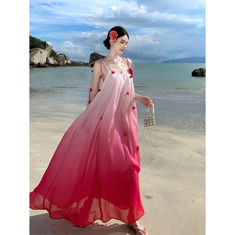 

Градиентное красное свободное женское платье без рукавов, новинка лета 2026, пляжное платье для отпуска, с открытой спиной, элегантная женская одежда