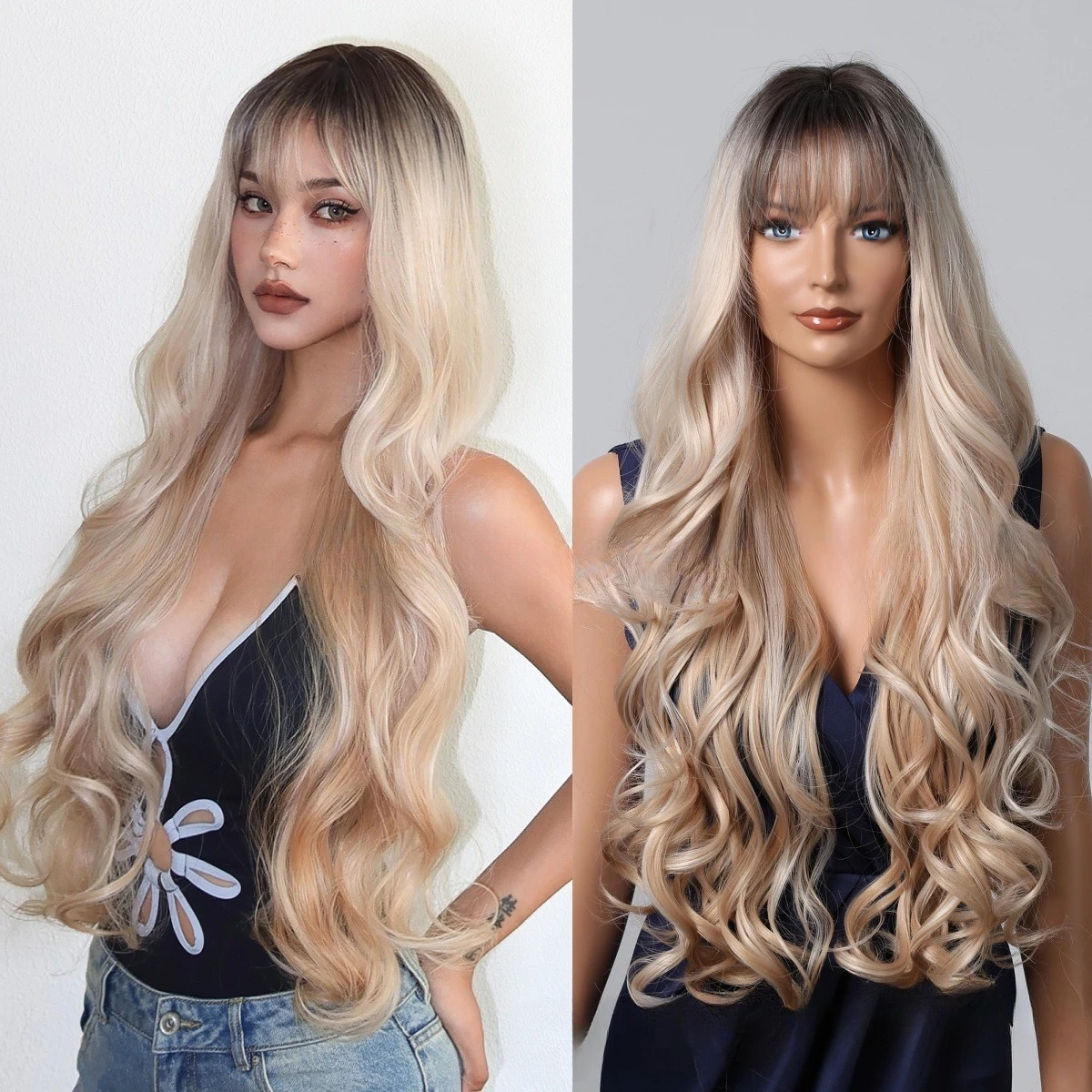 

Hot-selling wig blond gradual change Qi bangs long curly hair full head cover European and American style chemical fiber female