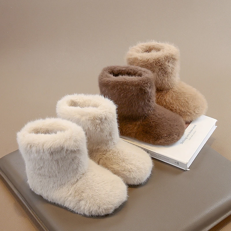 

Теплые однотонные ботинки с подкладкой для девочек, осень-зима 2024, новая мода, детские бархатные зимние сапоги с длинными волосами и одной педалью.