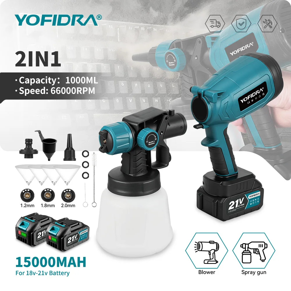 Pistolet à peinture électrique sans fil YOFIDRA 1000ML, pulvérisateur HVLP pour la maison, meubles, acier, revêtement, aérographe compatible avec batterie Makita.