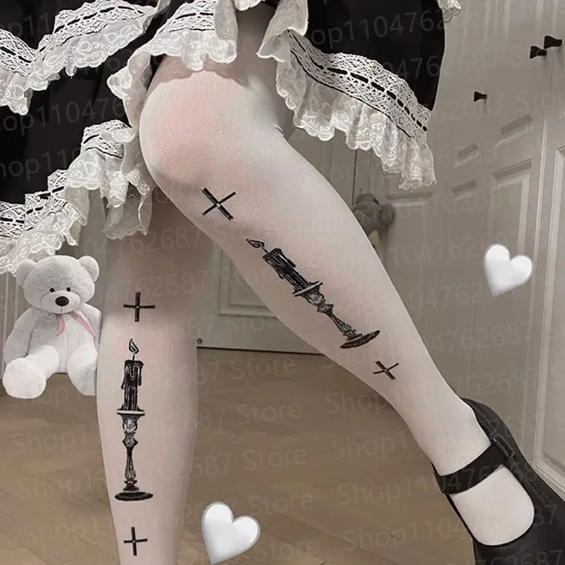 

Y2K white Goth print Tights women slim fit long socks Harajuku knee high socks Lolita cosplay Stockings Sexy accessories street