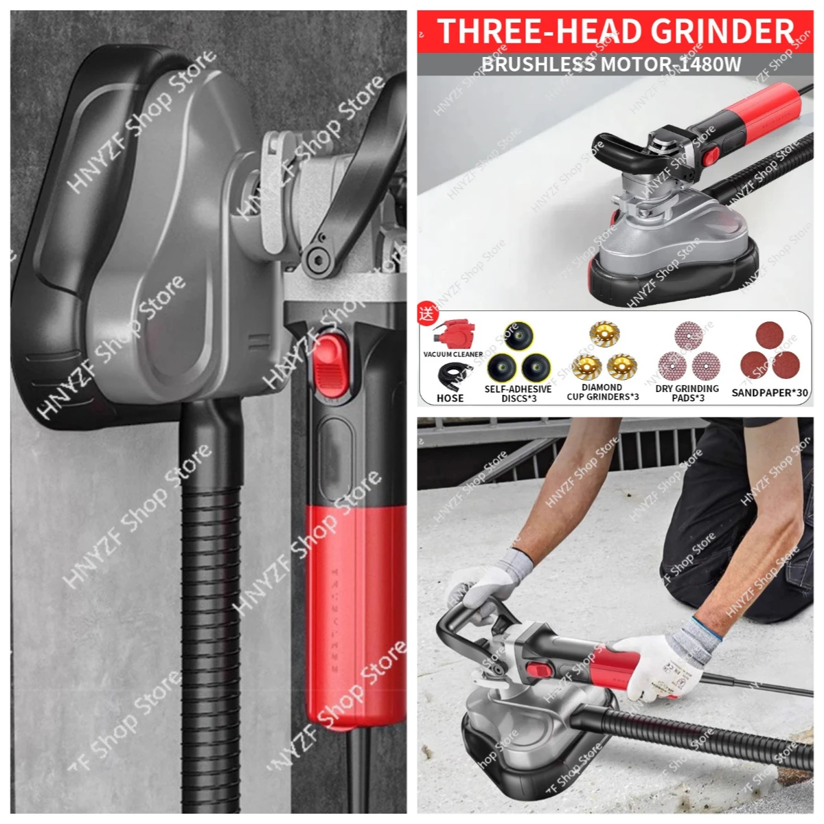 Handheld Triple-Head Dust-Free Cement Grinder Epoxy Floor Polisher Concrete Floor Renovation Terrazzo Grinder