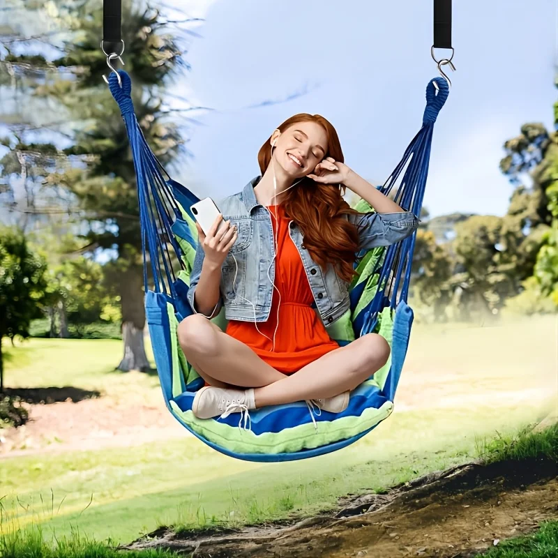 Heavy Duty Canvas Portable Camping Hammock Chair with Striped Design, Outdoor Hanging Swing Seat for Garden/Patio image 4
