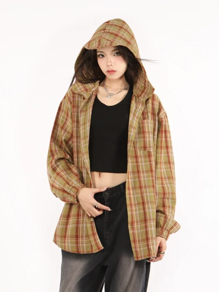 Camisas de outono femininas xadrez com capuz design exclusivo estilo americano manga longa solta topos vintage rua legal menina elegante vitalidade