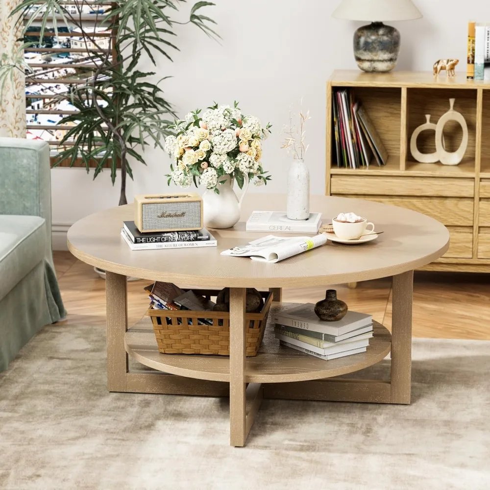 

2-Tier Solid Wooden Circle Coffee Table for Living Room, Circular Rustic Farmhouse Coffee Table with Storage Shelf