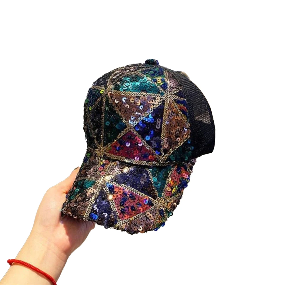 Sparkly Baseball Hat 1* Unisex Adjustable All Seasons Bling Breathable Cap Ponytail Rhinestone Sequins Sun Hat