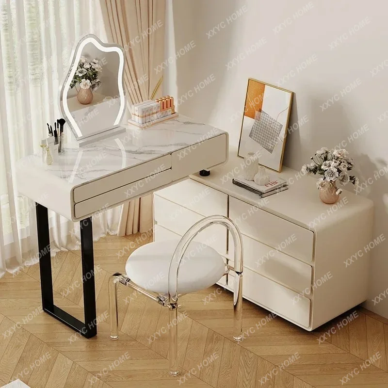 

Solid wood light luxury high-end corner large mirror makeup table with cabinet integrated