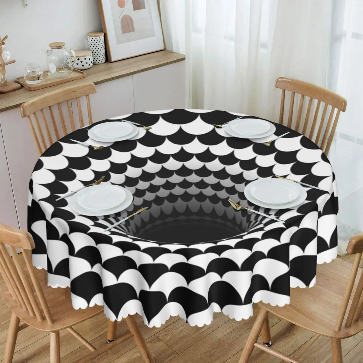 Optical Illusion Black Hole Scales Tablecloth Round Waterproof Geometry Black And White Table Cloth Cover for Party 60 inch