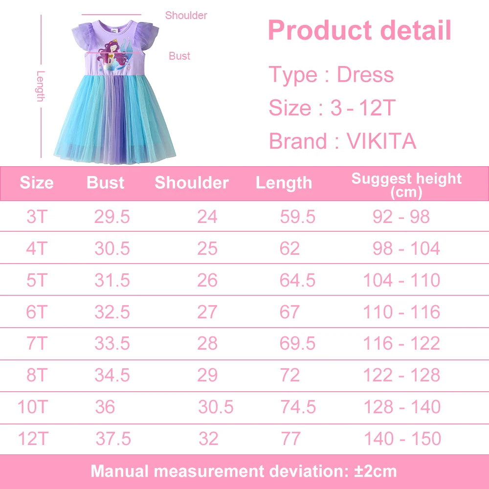 VIKITA Kinder Lila Meerjungfrau Cartoon Kleid Mädchen Trompetenärmel Prinzessin Mesh Tüll Geburtstag Party Schule Freizeitkleider Kinderkleidung – Detail 1